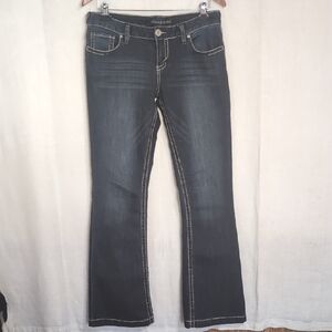 Maurices Dark Wash Denim Boot Cut Jeans Midrise Contrast Stitching Size 7/8